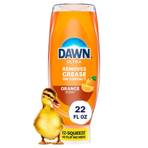 Upside-down orange Dawn Ultra EZ-Squeeze dish soap bottle labeled 'removes grease on contact' and 'orange scent' with a duckling at the base