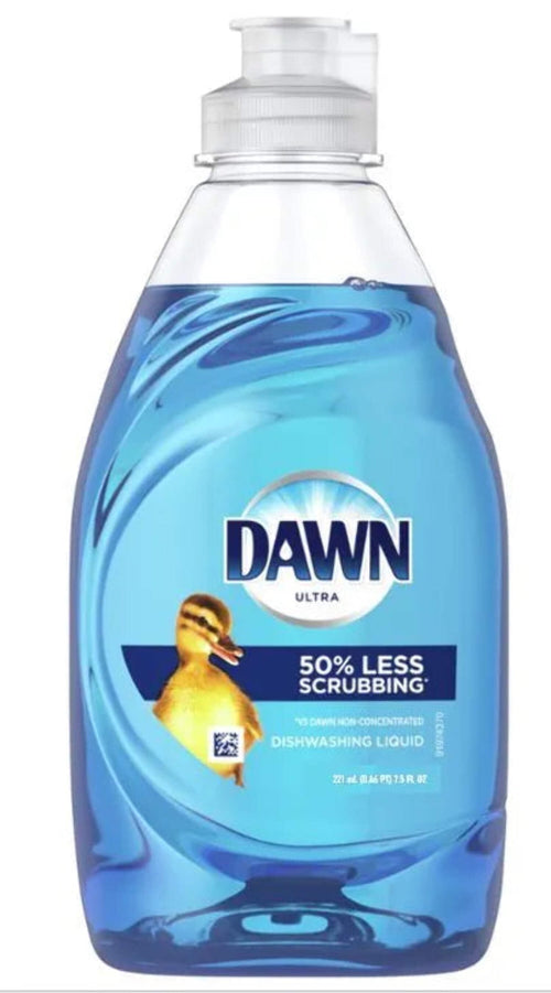 Front view of a Dawn Ultra blue dish soap bottle with duck logo and '50% less scrubbing' label.