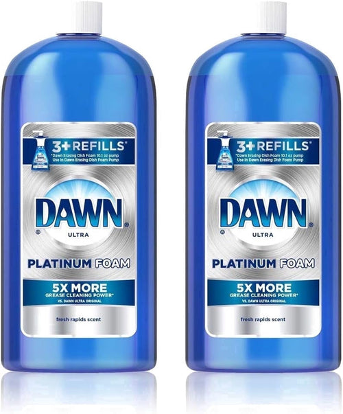 Two tall blue Dawn Ultra Platinum Foam refill bottles labeled "Platinum Foam" with 3+ refills badge and fresh rapids scent