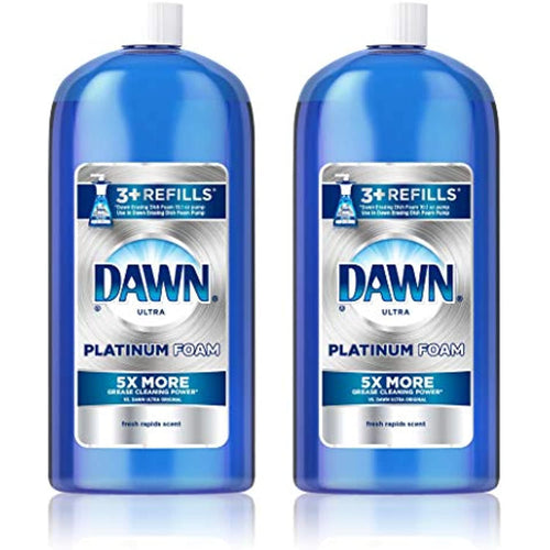 Two tall blue Dawn Ultra Platinum Foam refill bottles with white caps and front label showing 5X more cleaning