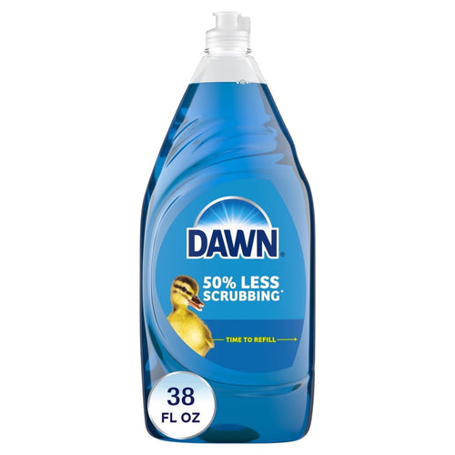 Single large bottle of Dawn blue dishwashing liquid with duckling logo and a '38 FL OZ' badge on a white background.