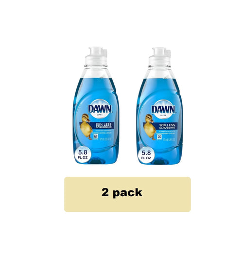 Two Dawn Ultra blue dish soap bottles side-by-side with duck logo and 5.8 fl oz callouts above a beige '2 pack' label.