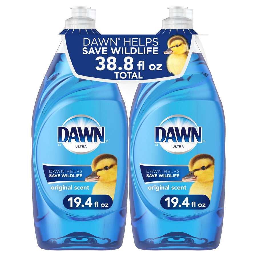 Two clear blue Dawn Ultra bottles in a linked pack with original scent label and duckling graphic