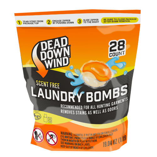 Dead Down Wind orange and black resealable pouch labeled 'Laundry Bombs' with a 28 count badge and warning panel