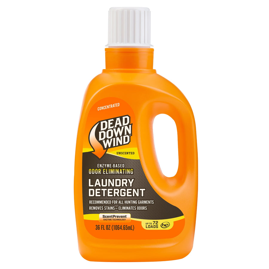 Bright orange Dead Down Wind concentrated laundry detergent bottle with unscented label and built-in handle on white background