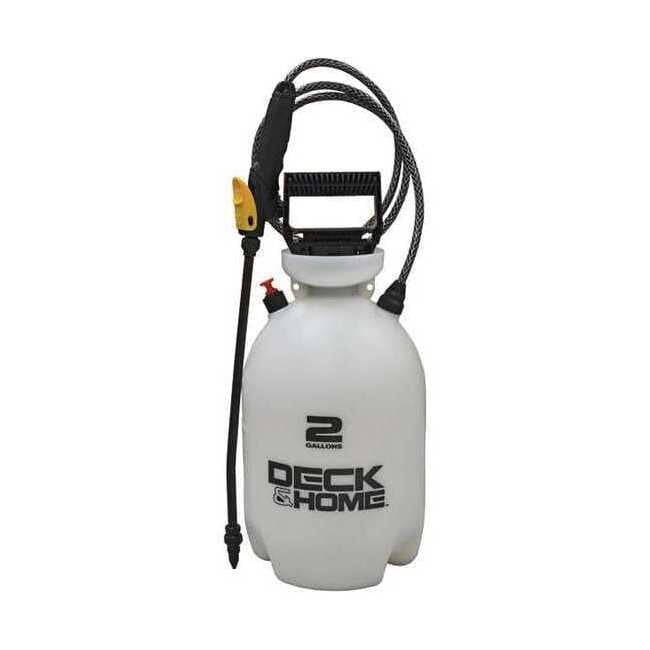 white deck & home pump sprayer labeled 2 gallons with hose, trigger handle, and spray wand