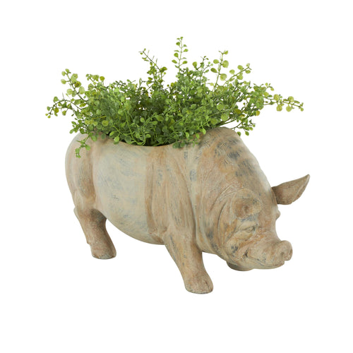 DecMode light brown distressed resin pig planter with faux greenery inside