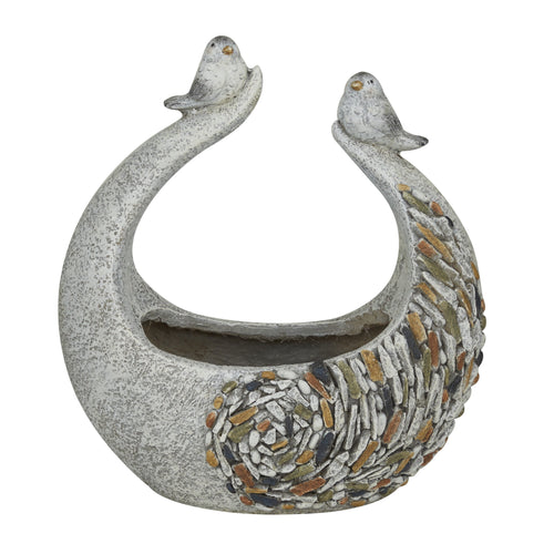 Decorative gray bird-shaped planter with stone mosaic swirl detail and open planting cavity