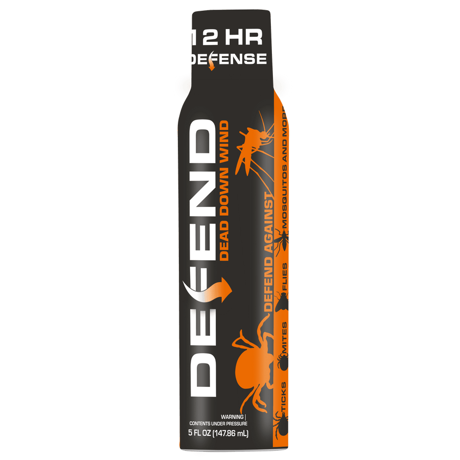 Tall black and orange aerosol can labeled DEFEND Dead Down Wind insect defense with insect silhouettes and 5 fl oz volume