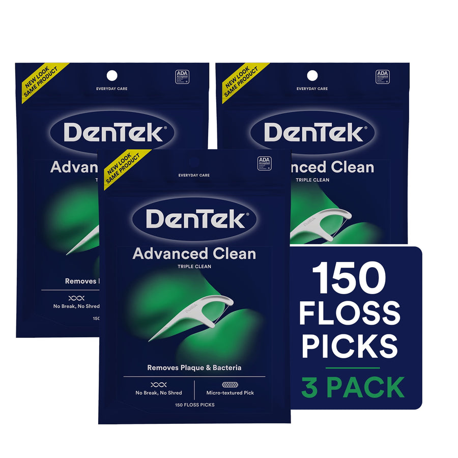 Three navy DenTek Advanced Clean floss pick pouches with a 150 floss picks graphic on a dark background.