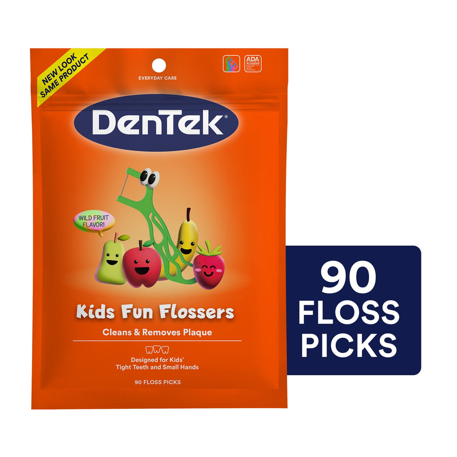 Front of an orange DenTek pouch showing Kids Fun Flossers packaging with cartoon fruit and a bold '90 floss picks' badge.