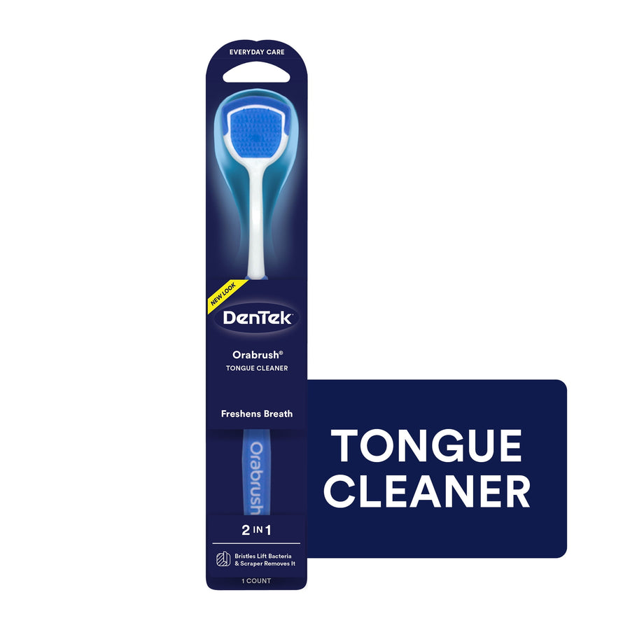 DenTek Orabrush tongue cleaner in retail blister pack with blue scraper head and navy branded backing
