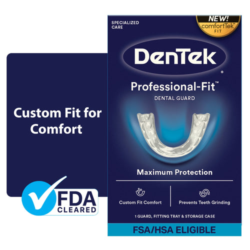DenTek Professional-Fit dental guard product box with clear guard illustration and FDA cleared badge