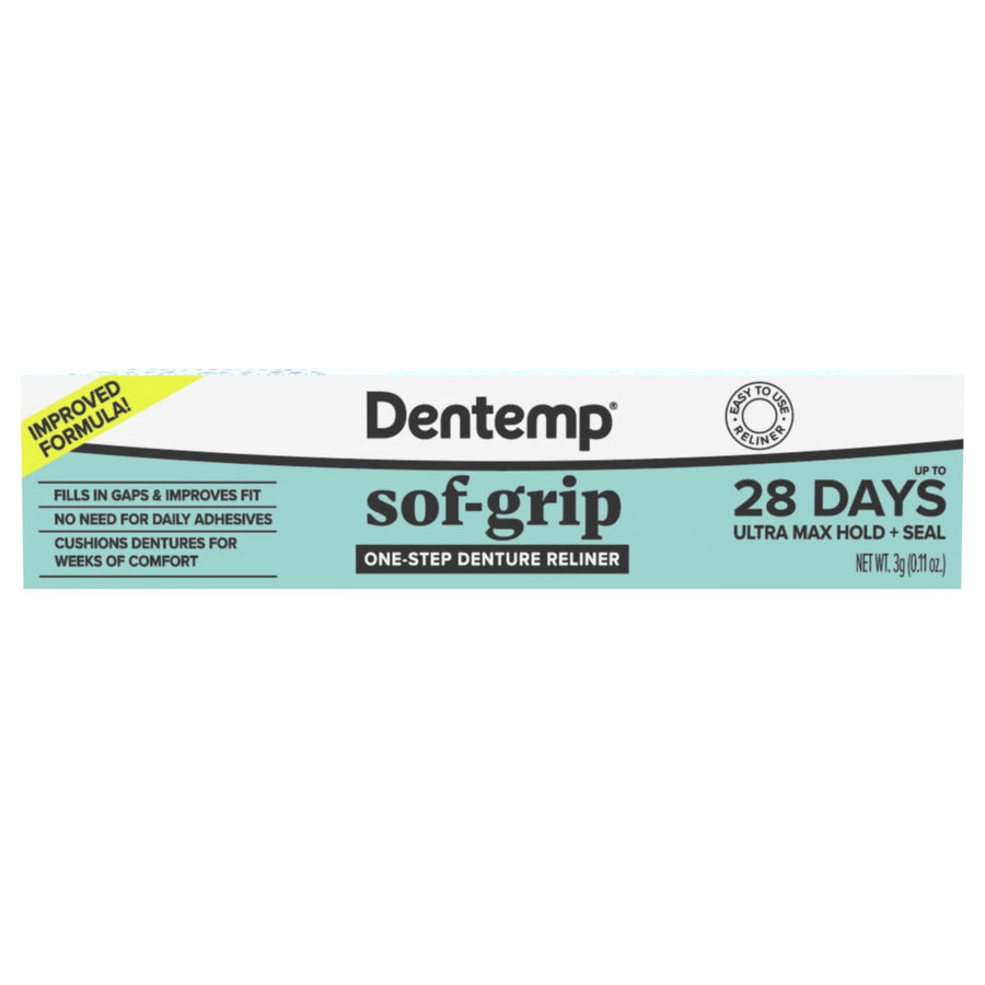 Dentemp Sof-Grip product box showing teal and white packaging with 28 days claim