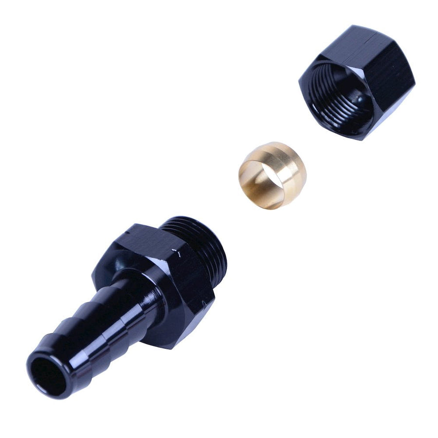 Derale black anodized 1/2in hose barb fitting with threaded nut and brass ferrule on white background