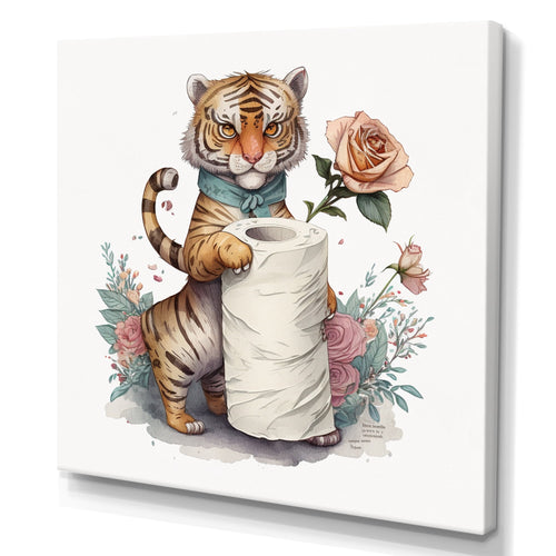 Illustrated tiger holding a large roll of toilet paper with surrounding roses and foliage on a white canvas.