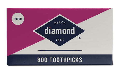 Rectangular Diamond branded box for round toothpicks with navy diamond logo and “800 TOOTHPICKS” text