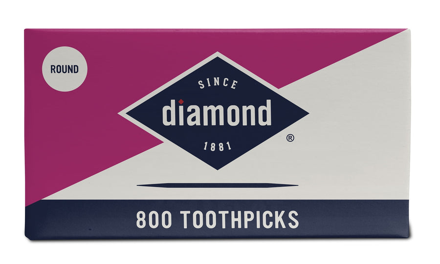 Rectangular Diamond branded box for round toothpicks with navy diamond logo and “800 TOOTHPICKS” text