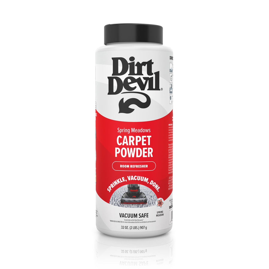 Tall Dirt Devil Spring Meadows carpet powder bottle with red and white label and black cap on white background.