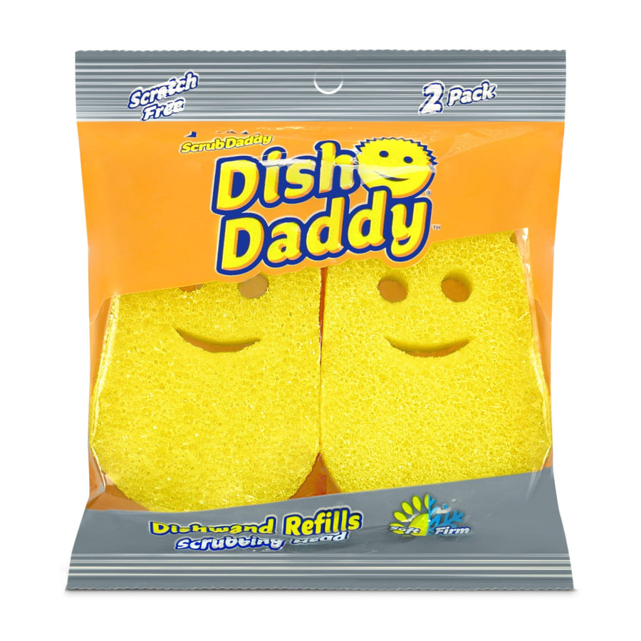 Single retail bag of Dish Daddy refill sponges with two yellow smile-faced sponge refills visible through orange and gray packaging.