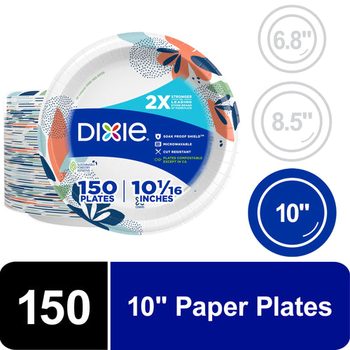 Packaged Dixie paper plate with floral multi-color rim, front label showing 10" size and 150 plates count.