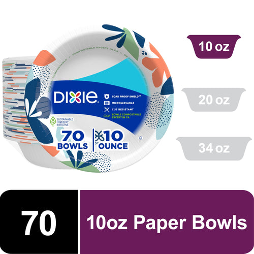 Front-facing Dixie branded 10 oz patterned paper bowl package graphic with label showing 70 bowls and 10 ounce callout.