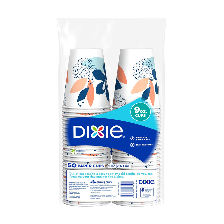 Back view of packaged Dixie 50-count 9 oz patterned paper cups showing product label