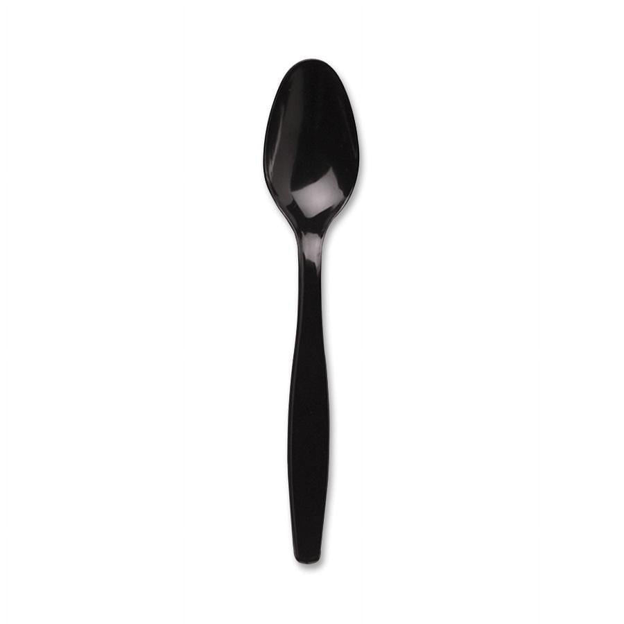 Single black heavy-weight plastic teaspoon on a white background showing spoon shape and glossy finish