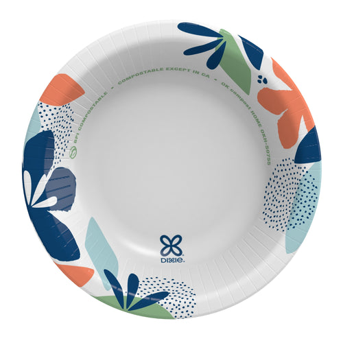 Top view of a white Dixie paper bowl with colorful abstract floral border and small Dixie logo in center