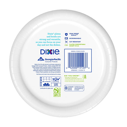 Back of a Dixie paper plate showing barcode, brand text, certifications and compostable icons