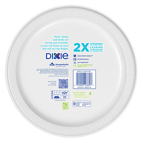 Back of a Dixie paper plate packaging showing brand logo, barcode, icons and product text about strength and compostability.