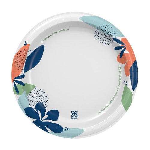 Top-down view of a Dixie paper plate with colorful floral and leaf border on a white background.