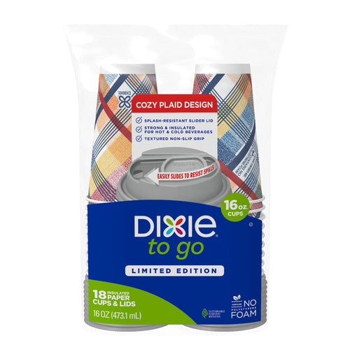 Clear retail package showing Dixie To Go Cozy Plaid 16 oz insulated paper cups with lids