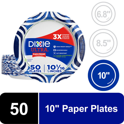 Packaged stack of Dixie Ultra 10-inch paper plates with blue swirl border and bold product labeling