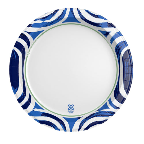 Top view of a Dixie Ultra 10" paper plate with blue swirl rim and small green inner ring on white
