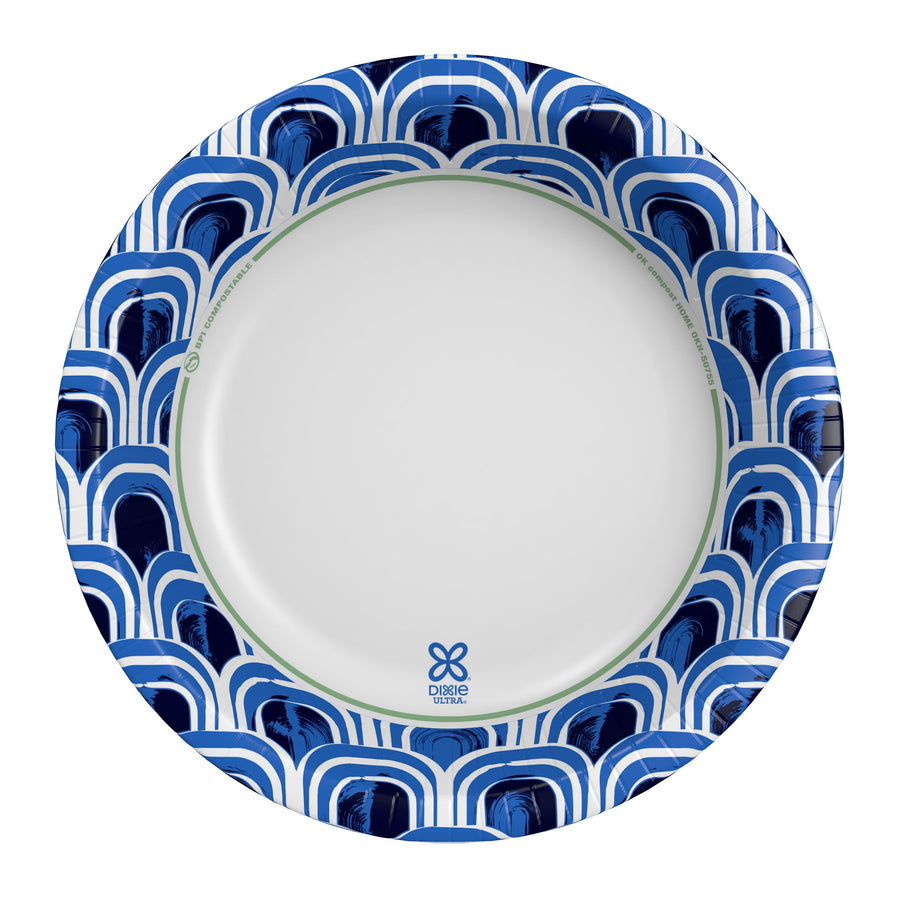 Top-down view of a Dixie Ultra paper bowl with blue arc pattern border and small Dixie logo at center rim