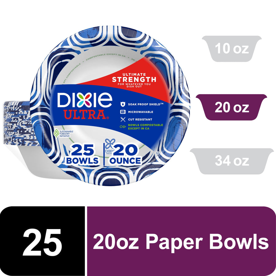 Top-down view of Dixie Ultra blue patterned paper bowl packaging showing 25 bowls 20 oz