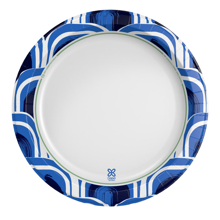 Top-down view of a white paper plate with a blue wave patterned rim and small Dixie Ultra logo at center bottom