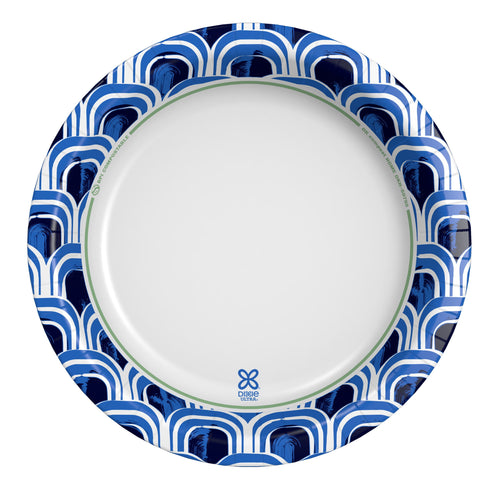 Top view of a Dixie Ultra DeepDish paper plate showing blue geometric patterned rim and white center with small logo