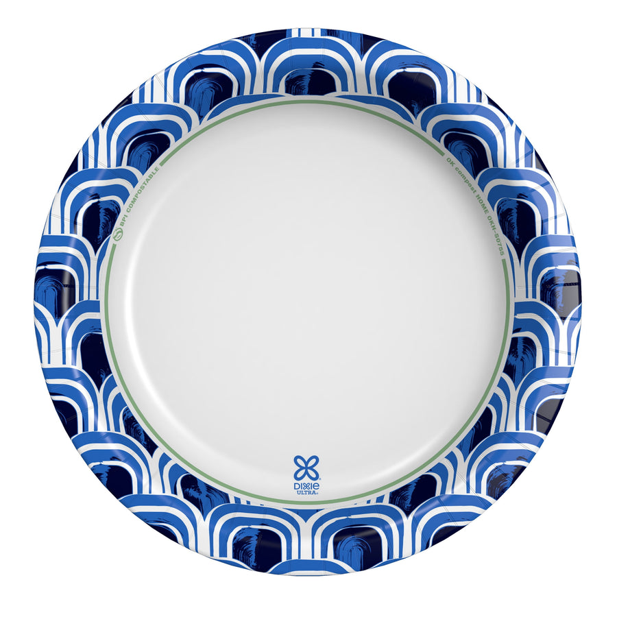 Top view of a Dixie Ultra DeepDish paper plate showing blue geometric patterned rim and white center with small logo