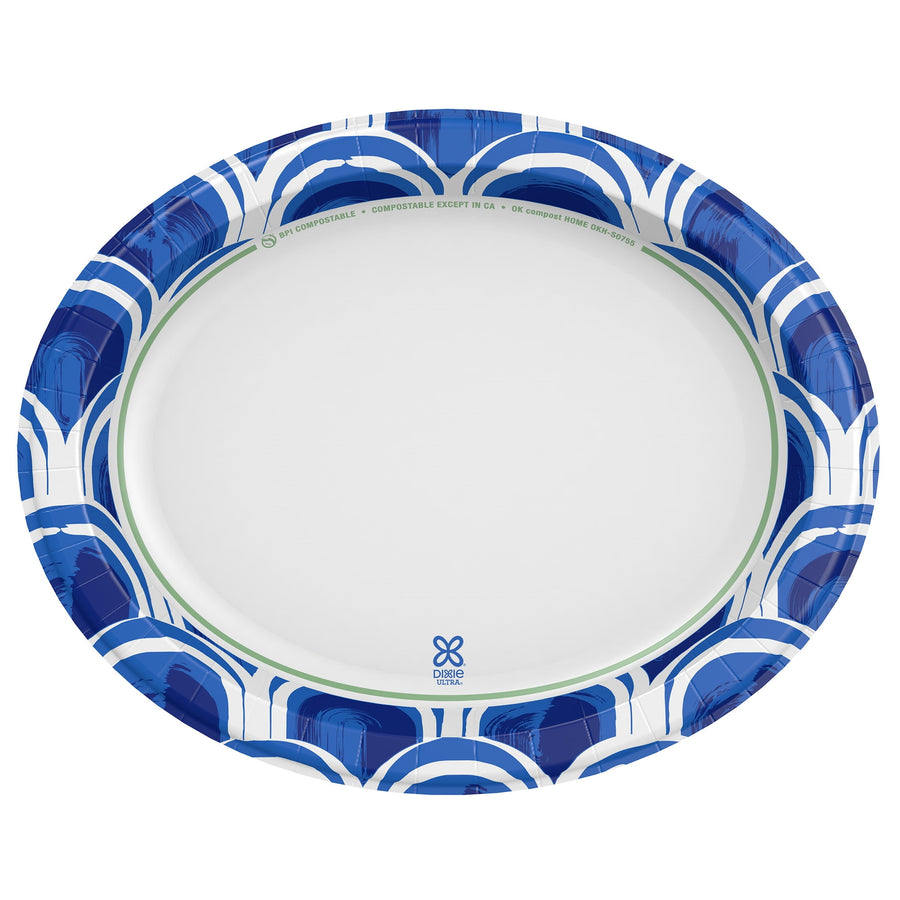 Empty Dixie Ultra oval paper platter with white center and decorative blue patterned rim photographed from above.