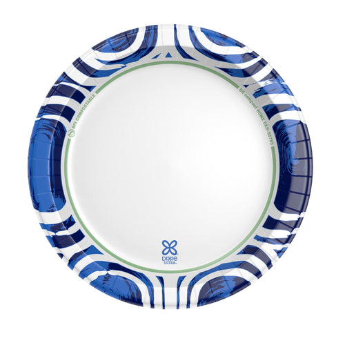 Top view of a Dixie Ultra blue-and-white patterned 8½-inch paper plate showing inner logo and rim design