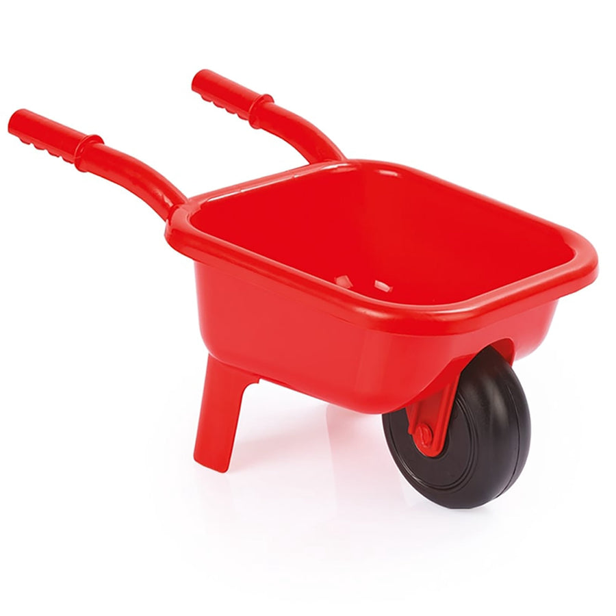 Red Dolu plastic toy wheelbarrow angled view showing handles, tub and front wheel
