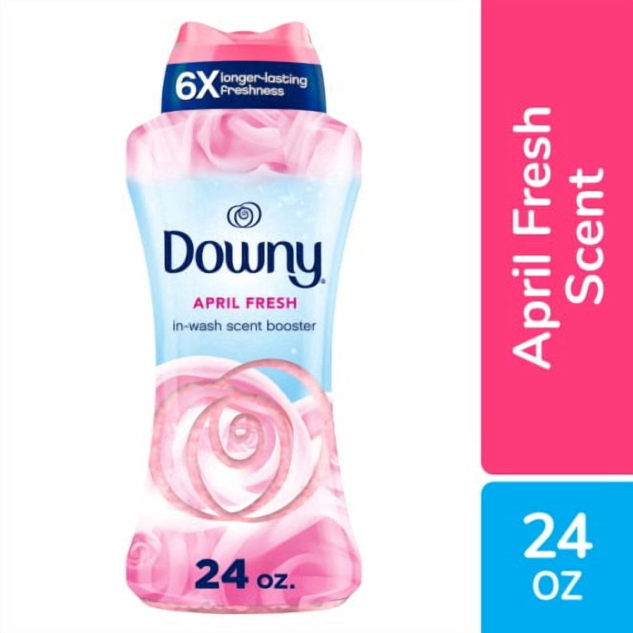 Downy April Fresh in-wash scent booster bottle with pink floral graphics and 24 oz label on white background.
