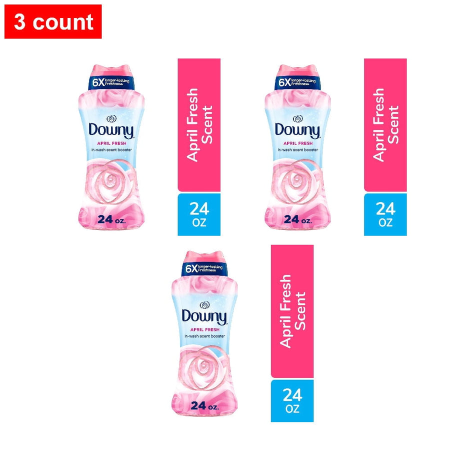 Composite image showing three Downy April Fresh in-wash scent booster 24 oz bottles and vertical pink labels on white background