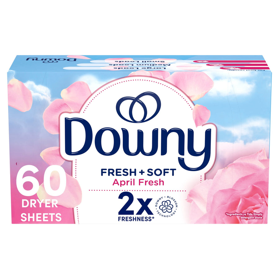 Close-up of a Downy Fresh + Soft April Fresh box with pink floral artwork and '60 dryer sheets' copy