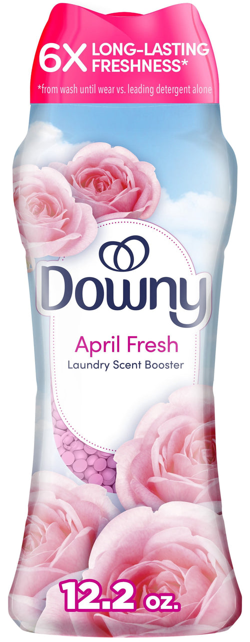 Close-up of a Downy April Fresh laundry scent booster bottle with pink roses and 12.2 oz label.