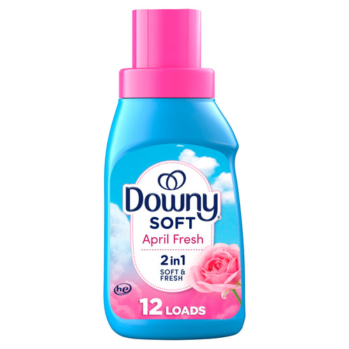 Front-facing Downy Soft April Fresh blue bottle with pink cap and floral label on white background