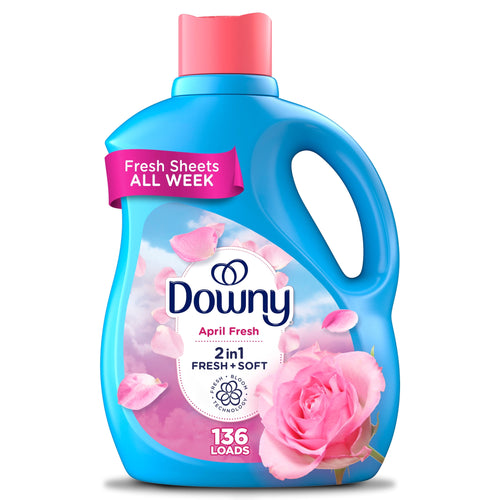 Blue Downy April Fresh liquid fabric softener bottle with pink rose artwork on a white background.