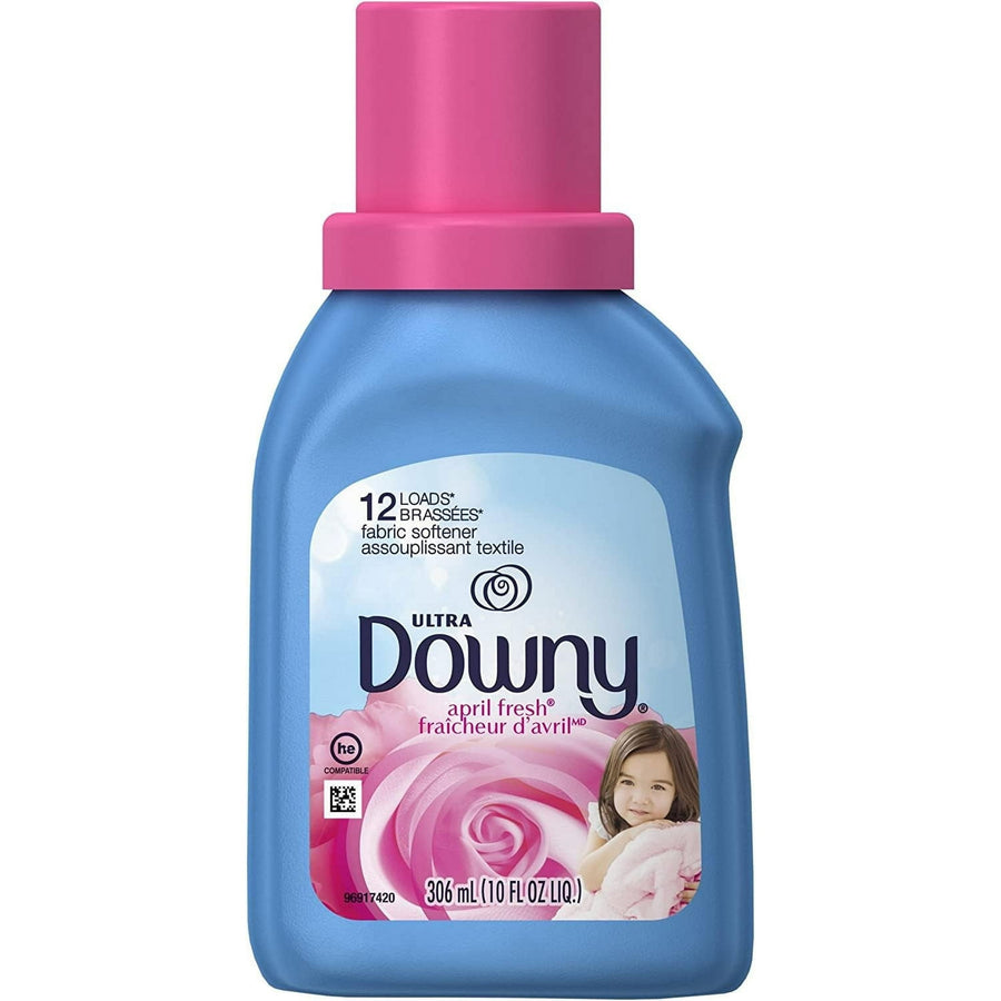 Blue Downy Ultra April Fresh bottle front with pink cap, rose graphic and child photo, 10 fl oz label